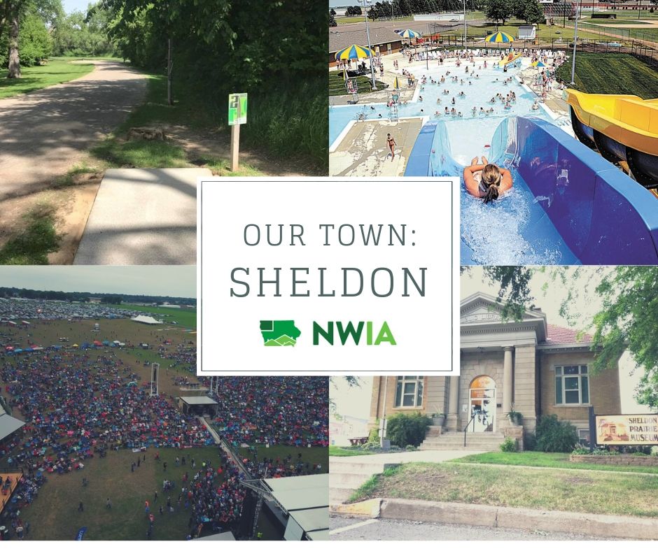 Life in town of Sheldon Iowa park concert swimming pool