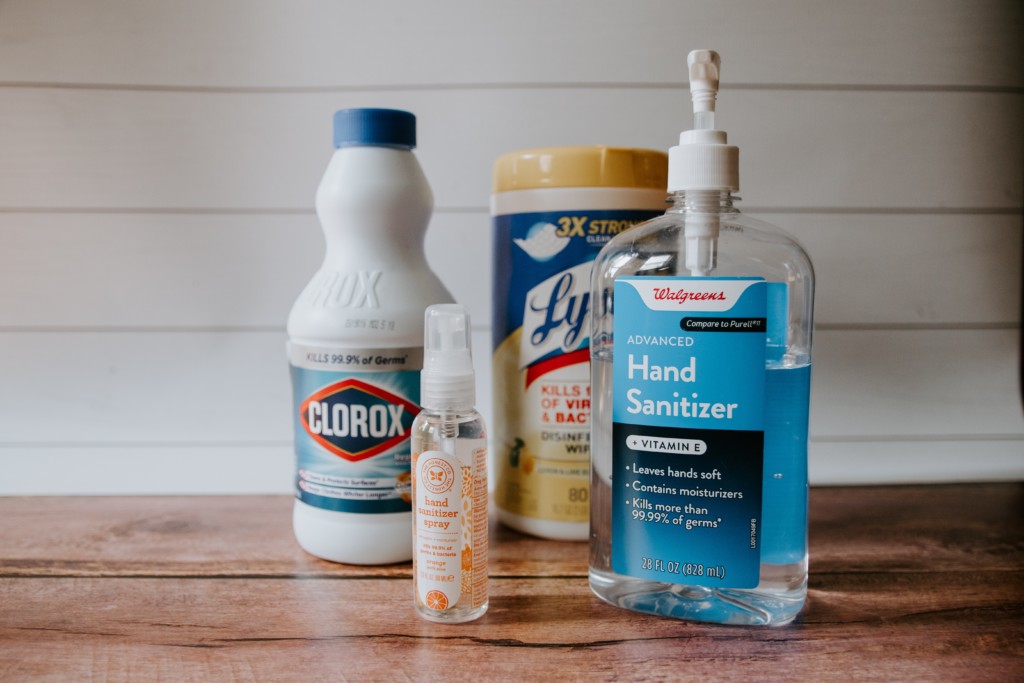 Household cleaning supplies on a counter top